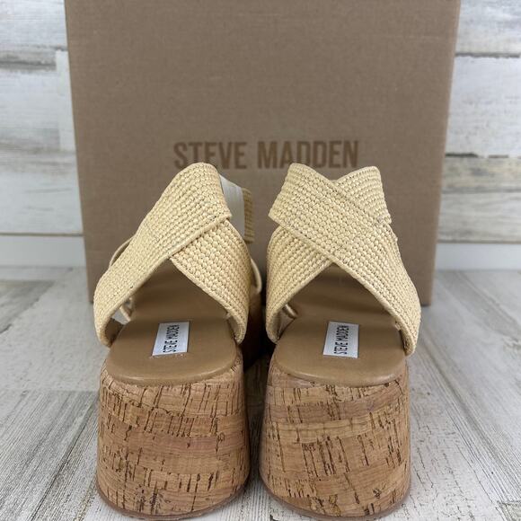 Steve Madden Women’s 9 Sashes Raffia Wedge Sandals Tan Platform Square Open Toe - Picture 3 of 8